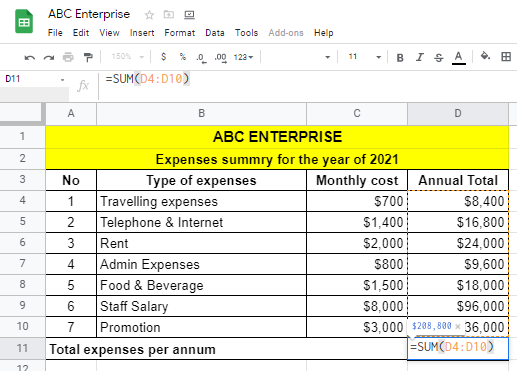 Expense summary statement with Google Sheets