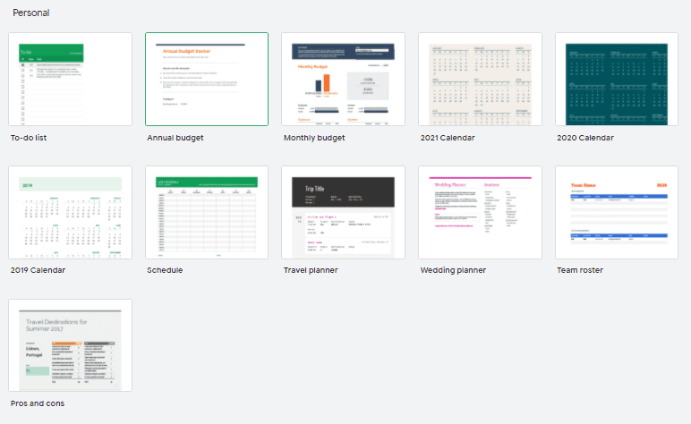 Google sheets Personal templates