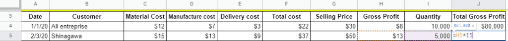 Total Gross profit calculation with Google Sheets