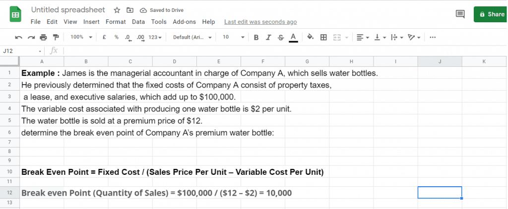 Break Even Point calculation in Google Sheets