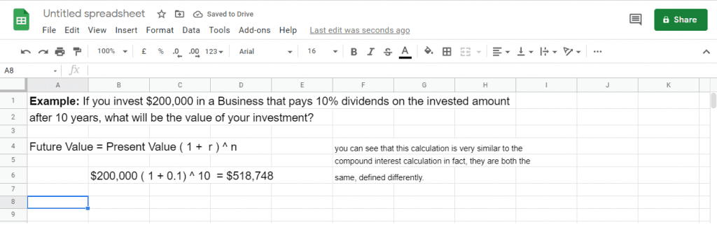 Future Value calculation with Google Sheets