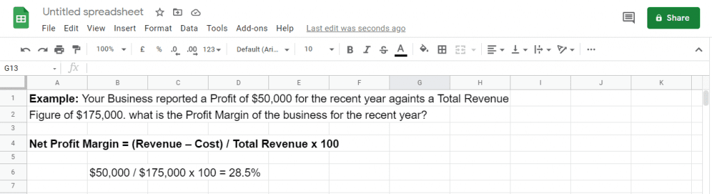 Net Profit Margin calculation with Google Sheets