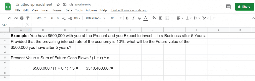 Present Value calculation with Google Sheets