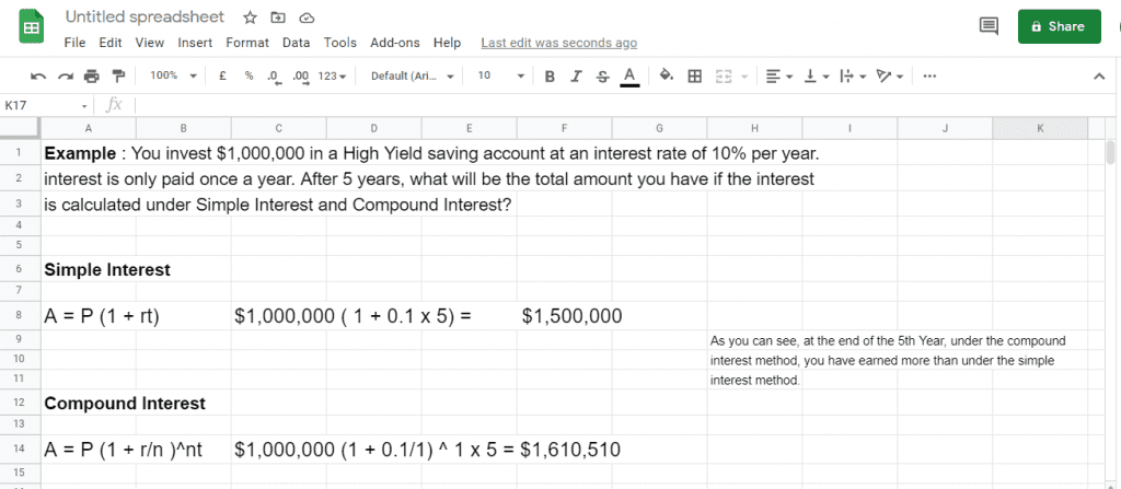 Simple Interest and Compound Interest Calculation with Google Sheets
