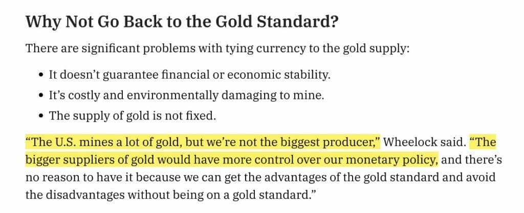 US Can't Return to the Gold Standard